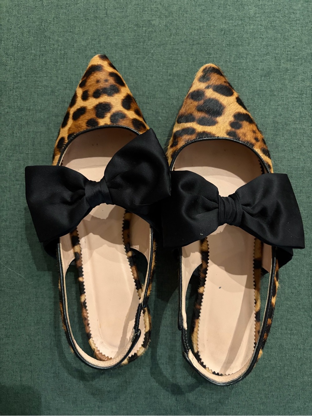 J Crew Calf Hair Gwen Leopard Print Pointed Toe Slingback Flats with Black Bow